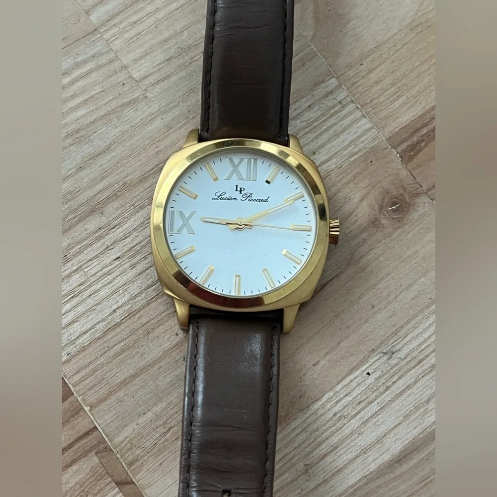 Lucien Piccard Luxury Large Gold-Tone Case Watch Brown Leather Strap White Dial